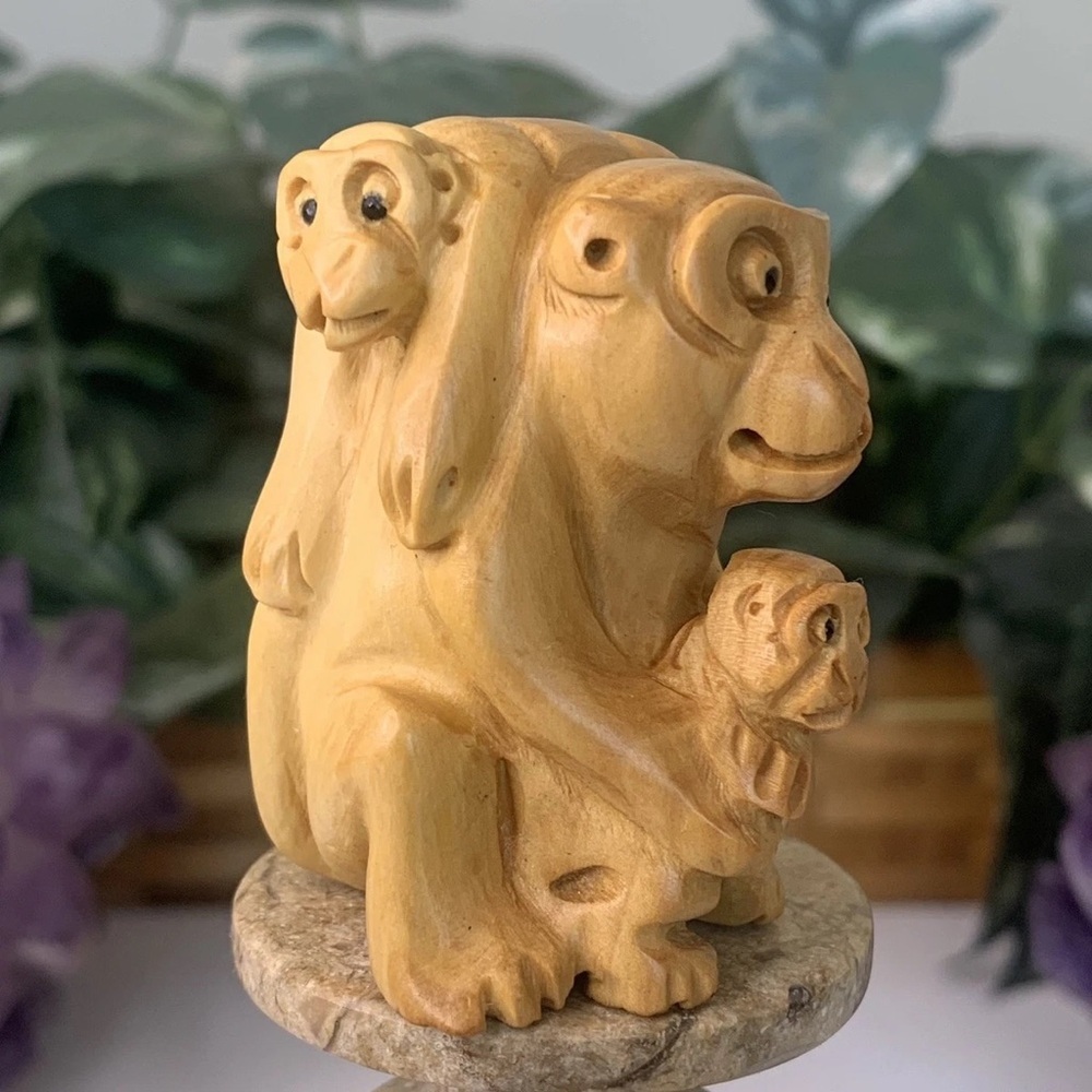 Boxwood 3 Monkey Netsuke Hand Carved Wood Animal Family Figurine Carving 2.2"
